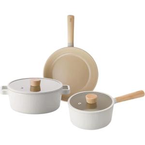 image:imageFIKA 5Piece Nonstick Cookware Pot and Pan Set with Lid Healthy Cooking Ceramic Coated Skillet with Natural Wood Handle Induction Gas Stove Compatible Kitchenware Everyday Cooking Made in Korea