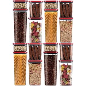 image:imageNeoflam 16 Set Kitchen Pantry Airtight Smart Seal Square Dry Food Storage with Lid BPA Free Modular Stackable Clear Canister for Cereal Sugar Flour Snack Coffee Pasta Spaghetti ContainerClear