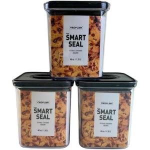 image:imageNeoflam Airtight Smart Seal Food Storage Container Set of 3  Crystal Clear Body Matte Black Lid  Modular Stackable Nestable Design  Easy to Clean BPA Free Square 14L14L