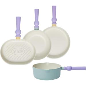 image:imageNeoflam Better Finger Cookware Set  All in One 8Piece NonStick Ceramic Coated Pots and PansAllinOne Mint and Yellow 4Piece