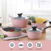 image:imageNeoflam Eela 7pc Ceramic Coated Nonstick Cookware PotsampPan Set with Saucepan Frying Pan Casserole Stockpot Glass Lids Silicone Hot Handle Holder Included 7PiecePink