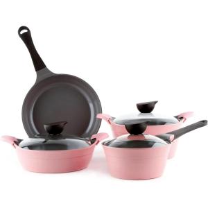 image:imageNeoflam Eela 7pc Ceramic Coated Nonstick Cookware PotsampPan Set with Saucepan Frying Pan Casserole Stockpot Glass Lids Silicone Hot Handle Holder Included 7PiecePink