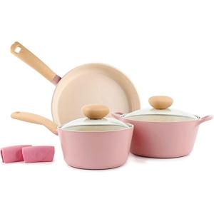 image:imageNeoflam Retro 5Piece Ceramic Nonstick Cookware Set PFOA Free Pots and Pans with Integrated Steam Vent Lid knob prevents boil over and Heat Resistant Silicone Grips for safer cooking at kitchen PinkPink