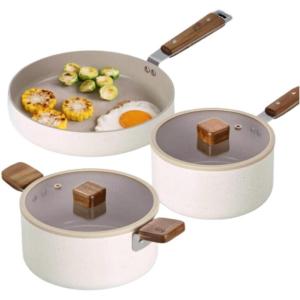 image:imageBien 5Piece Kitchen Nonstick Cookware Set with Lid Healthy Cooking Ceramic Coating Pan with Wood Handle Pot with Lid Fast Full Induction Compatible Kitchenware Made in Korea