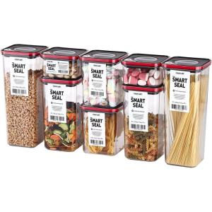image:imageNeoflam Kitchen Pantry Airtight Smart Seal Dry Food Storage with Lid Modular Stackable Square Clear Canister for Cereal Sugar Flour Snack Coffee Pasta Container 8 Set Black LidBlack