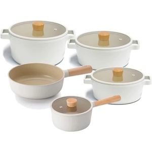 image:imageFIKA Kitchen Essential 9Piece Nonstick Cookware Set Healthy Cooking Ceramic Coating Pots with Lid and Wok with Wood Handle Induction Compatible Kitchenware Everyday Use Made in Korea