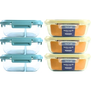 image:imageNeoflam 12Pieces Airtight Kitchen Storage with Lid Oval Bento Glass Food Container with Vent Microwave Meal Prep Canister Dishwasher and Oven Safe 39oz  12 Liter  48 cupsSet