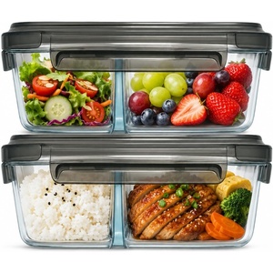 image:imageNeoflam 2 Compartment Glass Food Container Set of 2 with Airtight Lid  Divided Reusable Meal Storage Box Microwave Oven amp Dishwasher Safe 34 oz 1 Liter 43 cups21 ounces