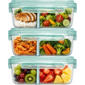 image:imageNeoflam 2 Compartment Glass Food Container Set of 3 with Airtight Lid  Divided Reusable Meal Storage Box Microwave Oven amp Dishwasher Safe 34 oz 1 Liter 43 cups